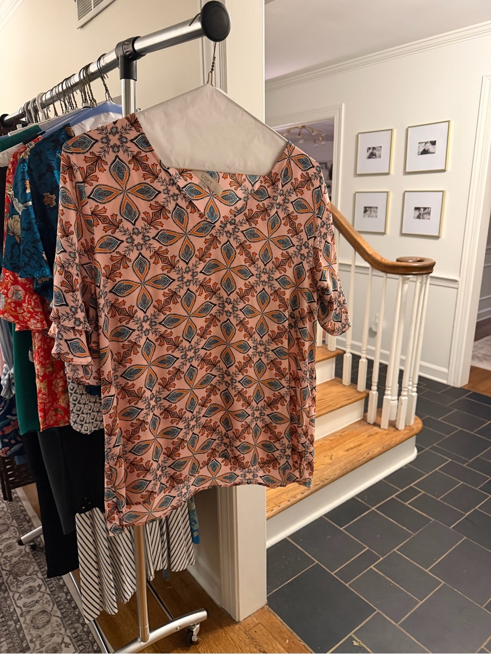 LOFT Peach-Pink Floral Geometric Short Sleeve Blouse